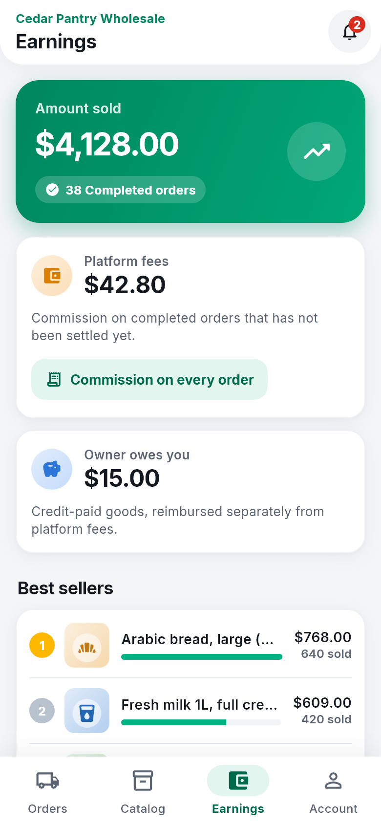 A supplier's earnings with sales, platform fees and best sellers