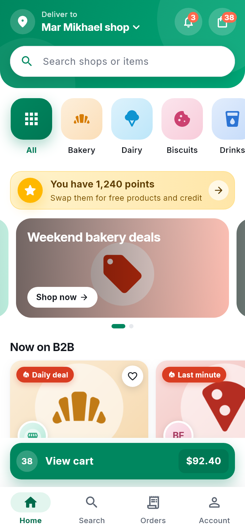 The B2B Marketplace home screen with categories, rewards and suppliers