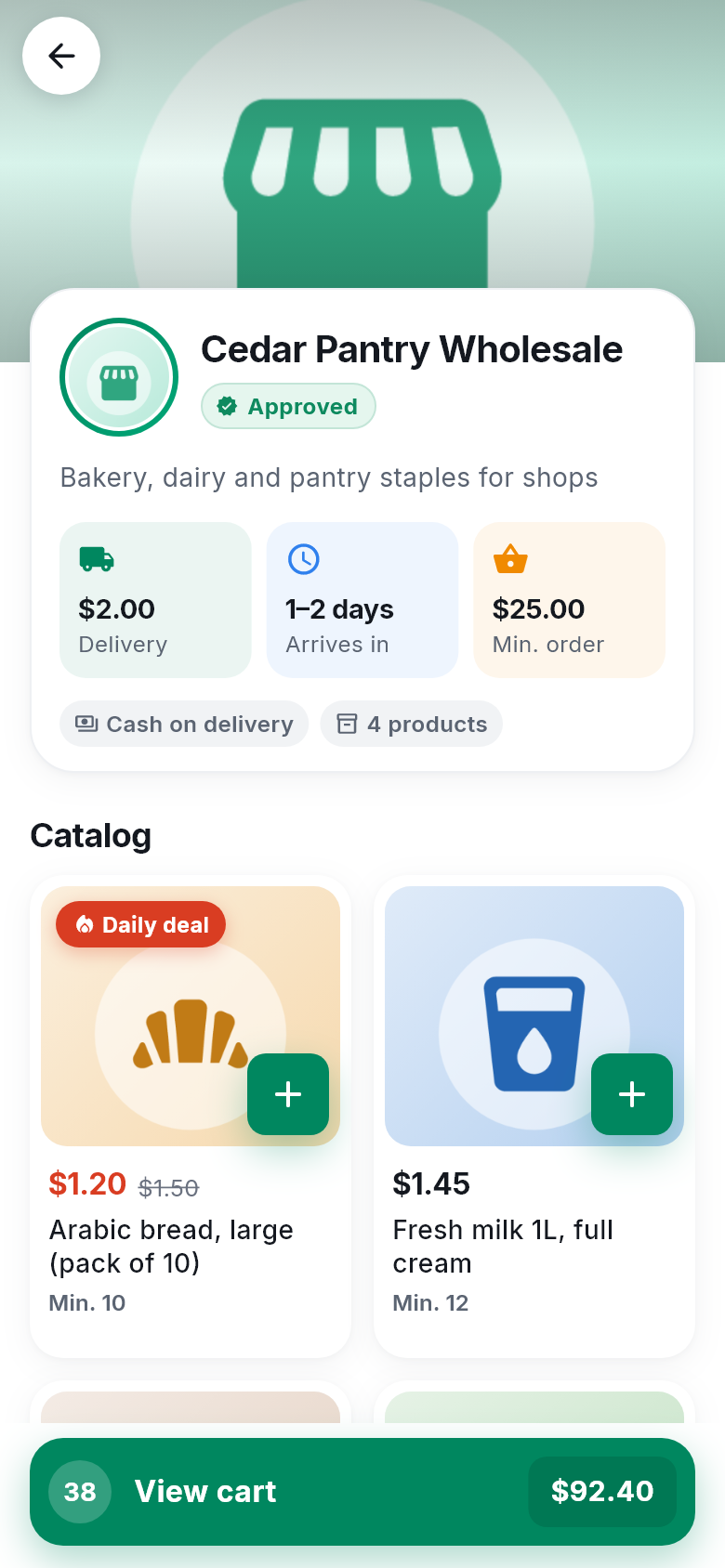 A supplier page with delivery fee, delivery time, minimum order and products